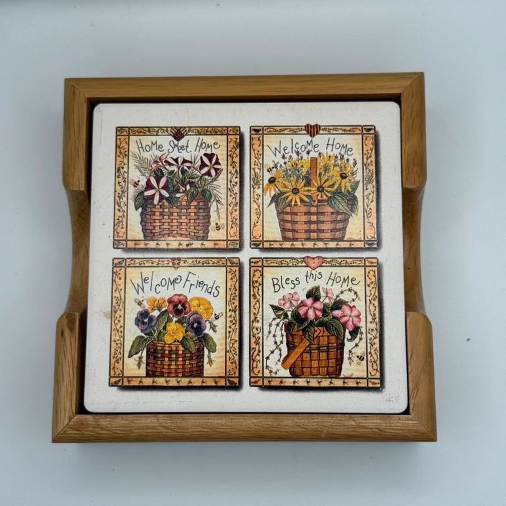 Vintage Country Flower Basket Coaster Set of 4 with Wooden Holder Cottagecore